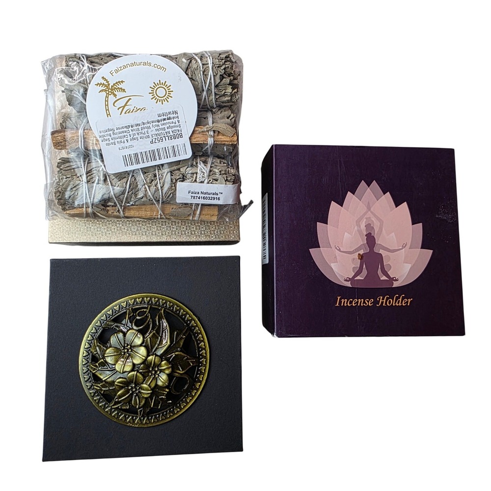 Faiza Naturals White Sage Palo Santo Smudge Sticks and Floral Incense Holder F2